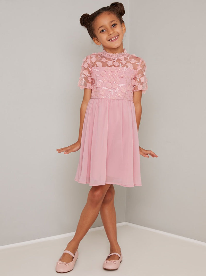 Girls 3D Floral Lace Dress in Pink