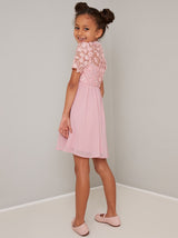 Girls 3D Floral Lace Dress in Pink