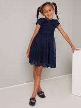 Girls Lace Scalloped Party Dress In Navy