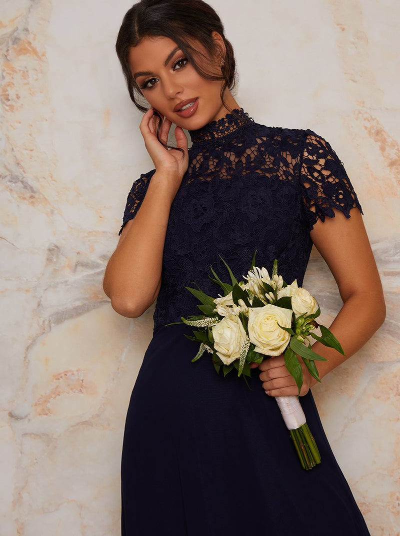 High Neck Lace Maxi Dress in Blue