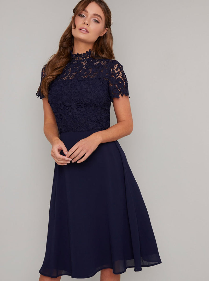High Neck Short Sleeved Lace Bodice Midi Dress in Blue
