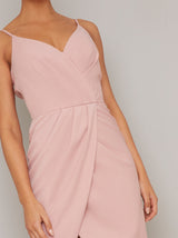 Cami Strap Wrap Pleat Detail Midi Dress in Pink