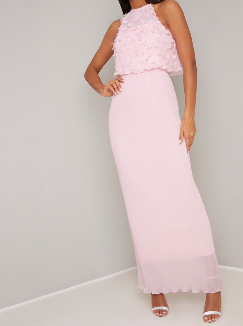 Tall 3D Floral Overlay Maxi Dress in Pink