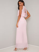 Floral Overlay Bodice Pleat Maxi Dress in Pink