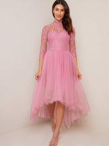 High Neck Lace Tulle Dip Hem Dress in Pink
