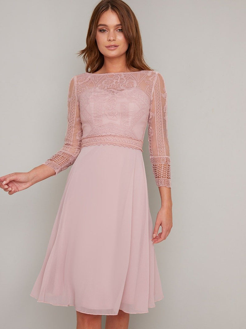 Lace Bodice Sheer Sleeved Chiffon Midi Dress in Brown