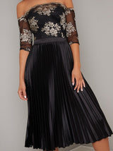 Bardot Metallic Lace Pleat Midi Dress in Black