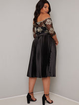 Plus Size Bardot Lace Bodice Pleat Midi Dress in Black