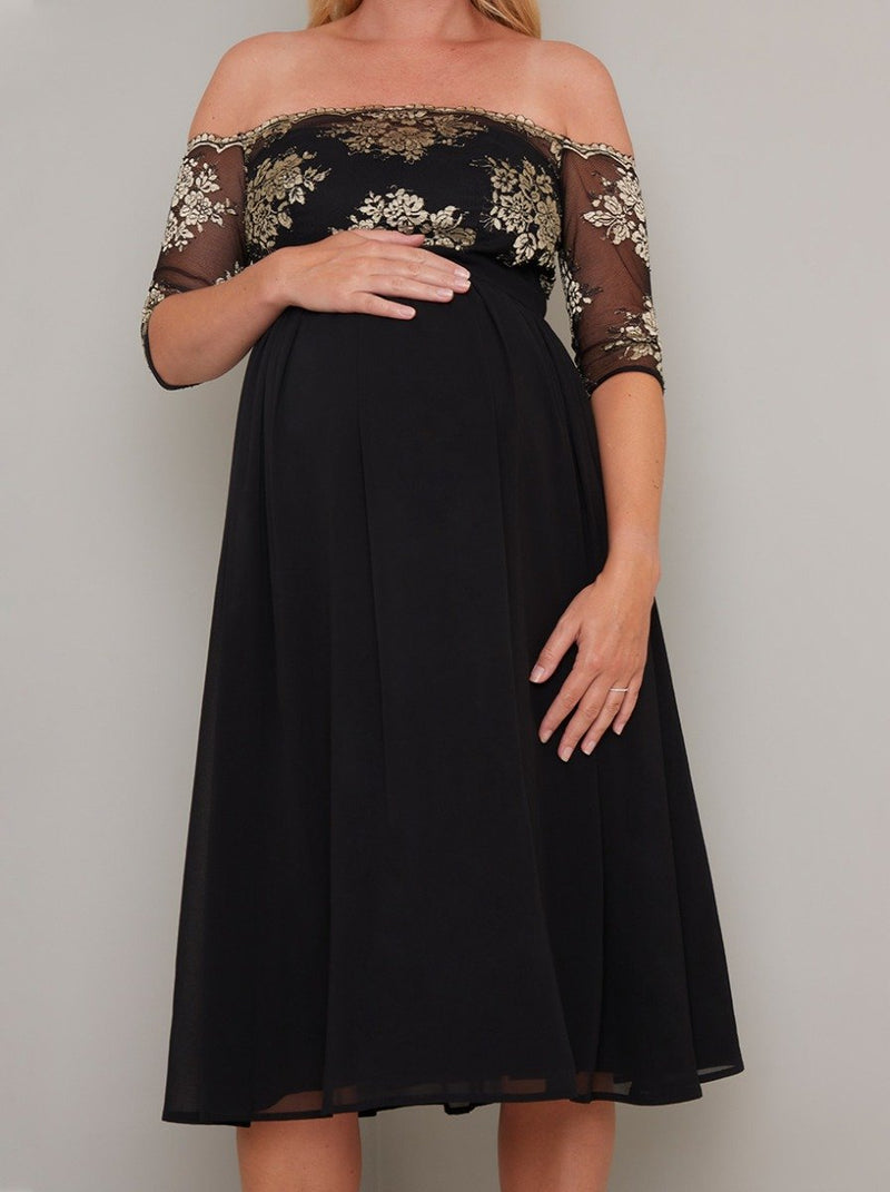 Maternity Bardot Lace Chiffon Midi Dress in Black
