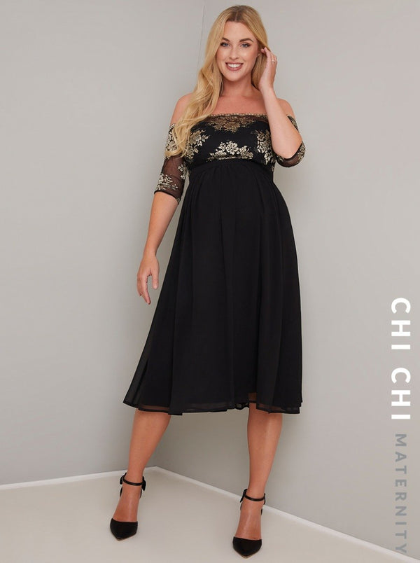 Maternity Bardot Lace Chiffon Midi Dress in Black