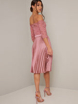 Bardot Lace 3/4 Sleeved Pleat Midi Dress in Pink