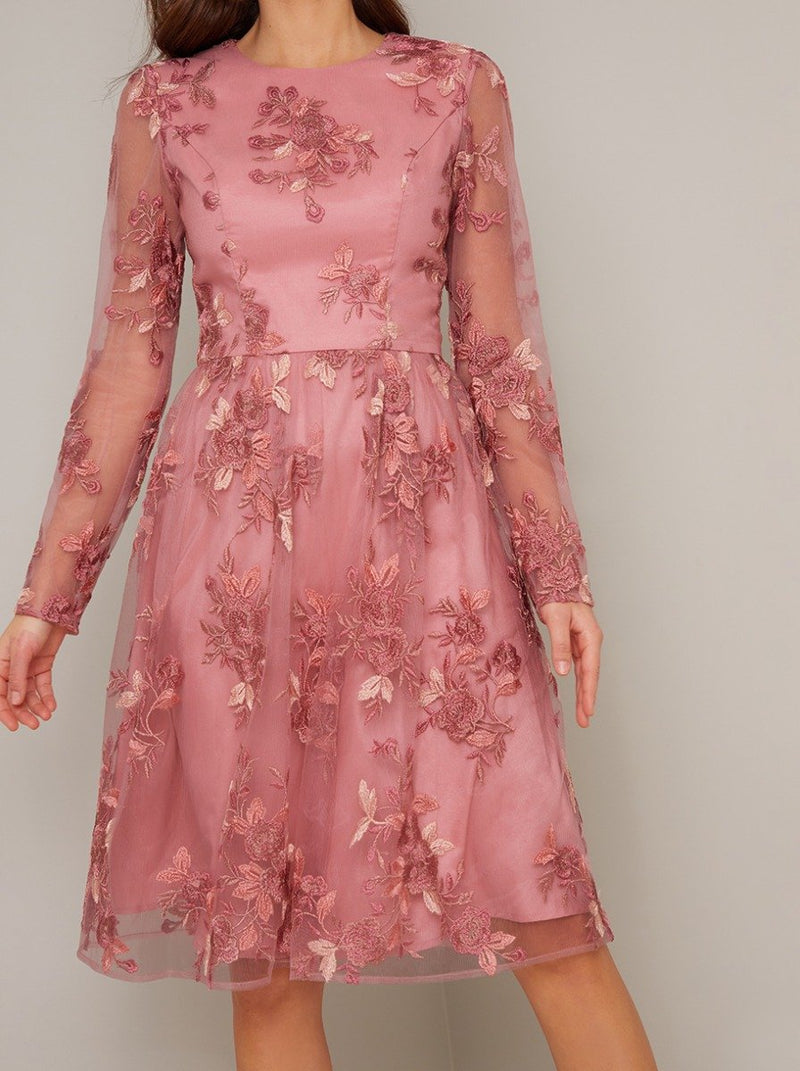 Long Sleeved Embroidered Overlay Midi Dress in Pink