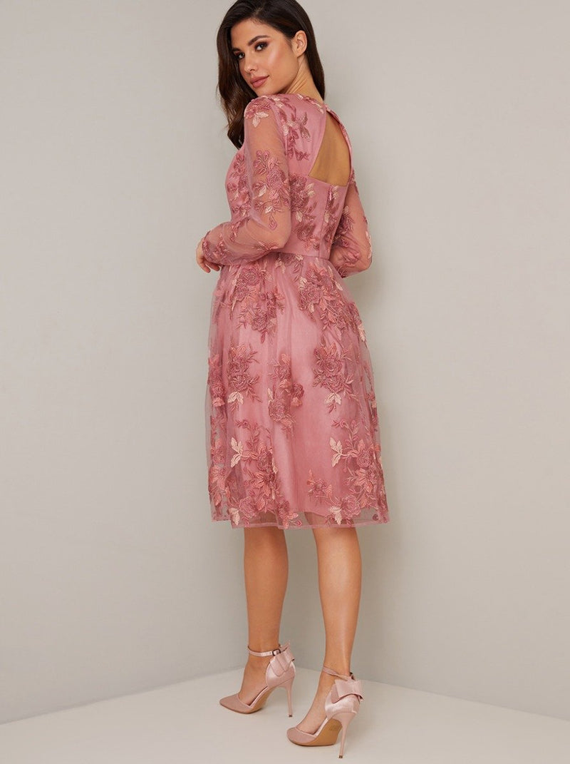 Long Sleeved Embroidered Overlay Midi Dress in Pink