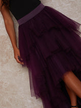 Ruffle Tulle Tiered Dip Hem Maxi Skirt in Berry