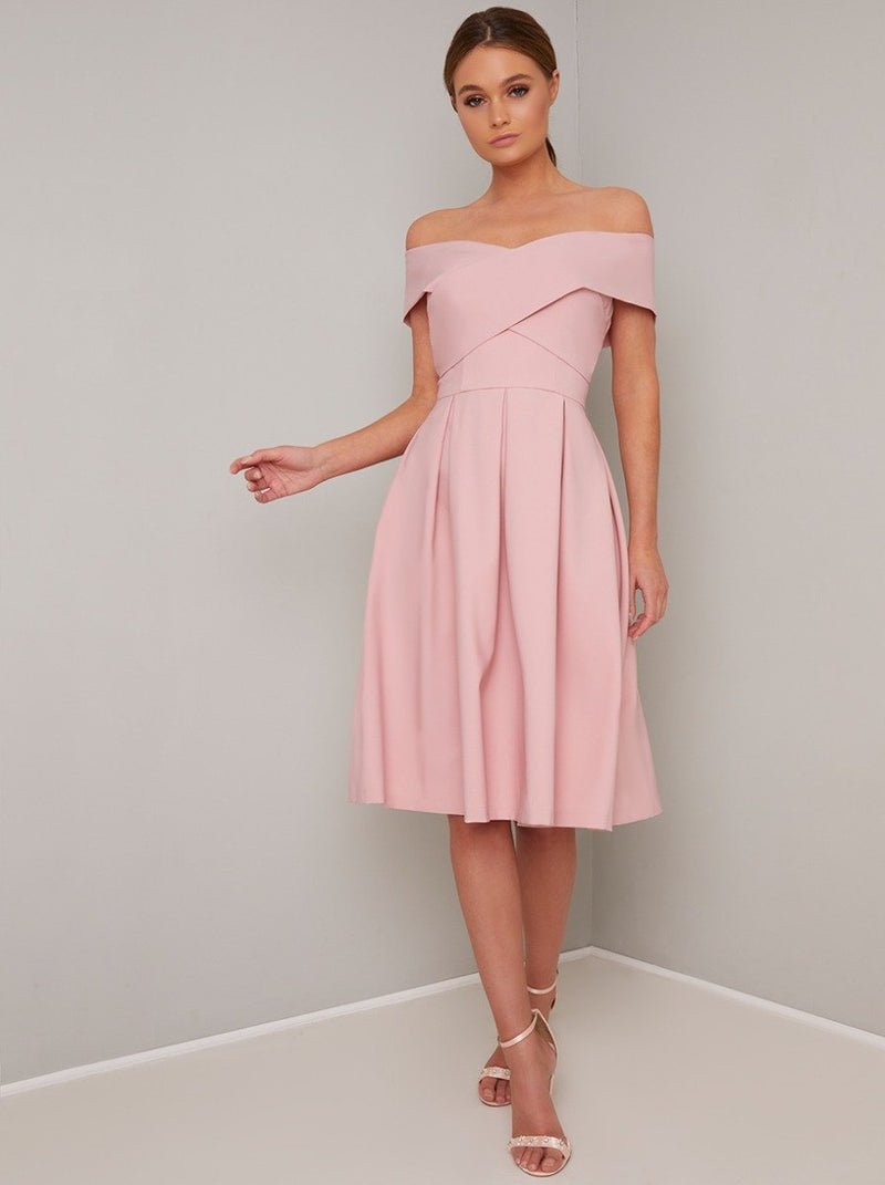 Fold Design Bardot Midi Dress in Pink