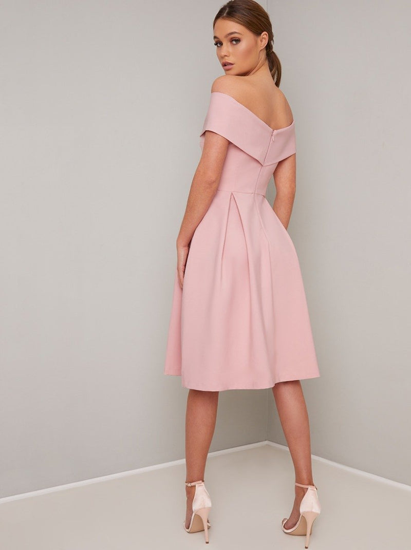 Fold Design Bardot Midi Dress in Pink