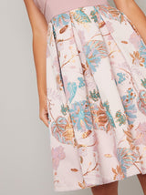 Crossover Bardot Floral Print Midi Dress in Pink