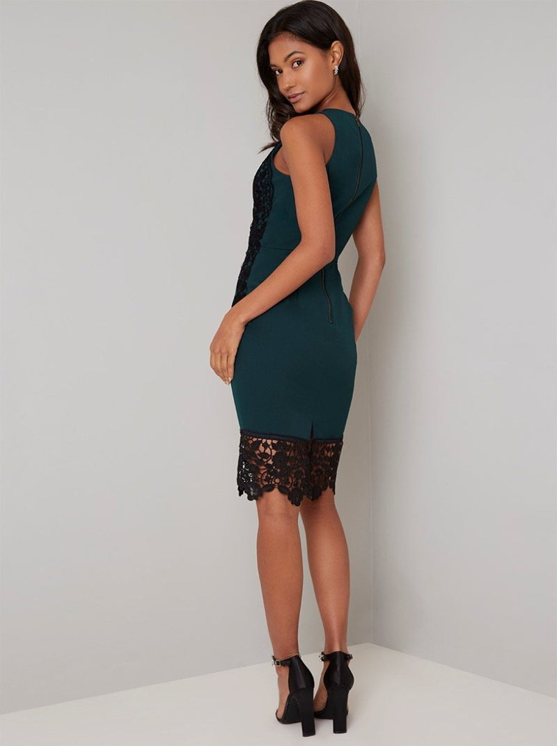 Lace Detail Embroidered Hem Midi Dress in Green