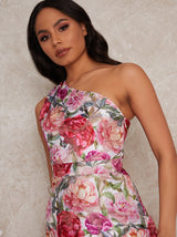 Floral Print One Shoulder Maxi Dress in Pink