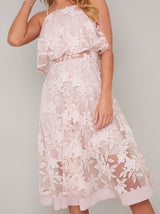 3D Lace Overlay Midi Dress in Mink
