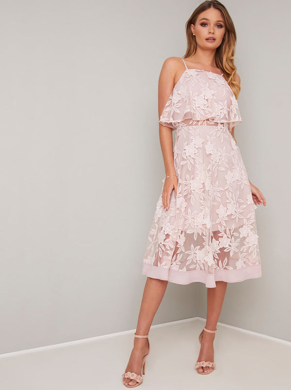 3D Lace Overlay Midi Dress in Mink