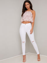 Cami Strap Lace Overlay Crop Top in Pink