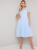 Lace Cap Sleeved Tulle Midi Dress In Blue