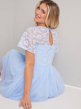 Lace Cap Sleeved Tulle Midi Dress In Blue