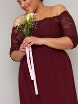 Plus Size Lace Bardot Pleat Maxi Dress in Red