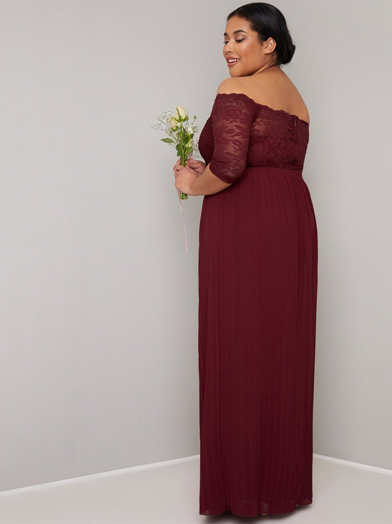 Plus Size Lace Bardot Pleat Maxi Dress in Red