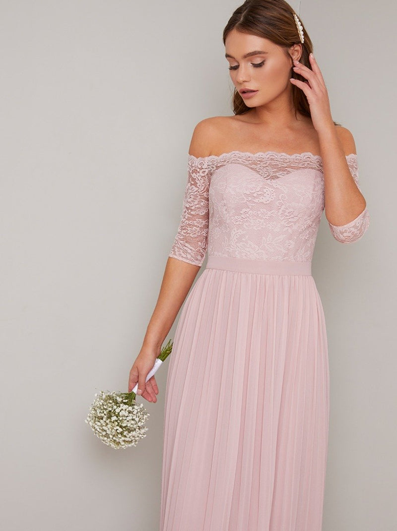 Lace Bardot Maxi Bridesmaid Dress in Pink