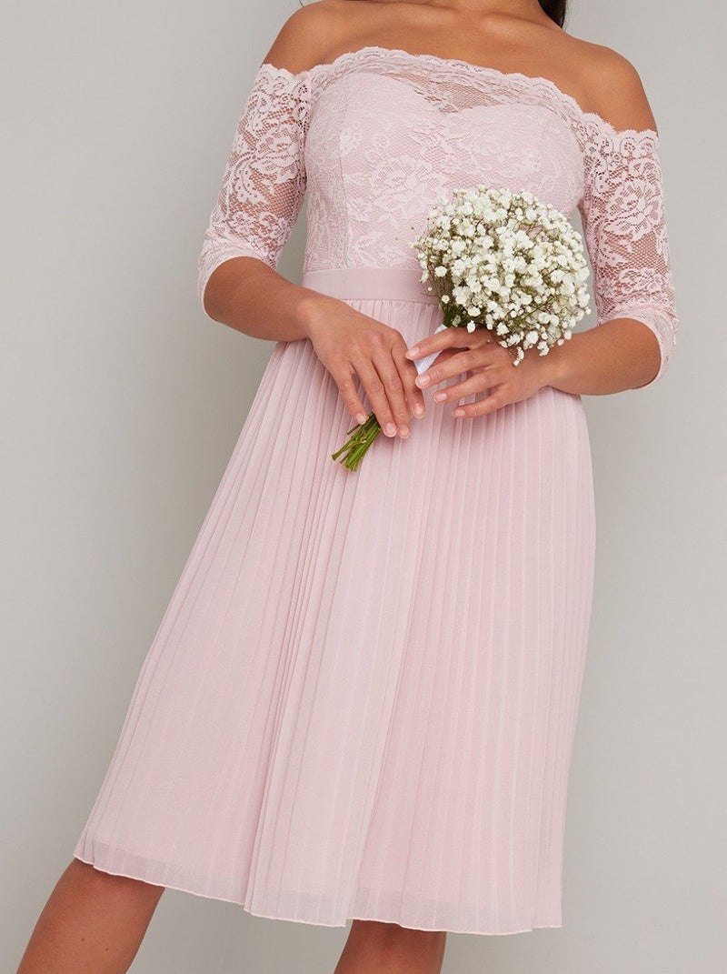 Petite Lace Bardot Pleat Midi Dress in Pink