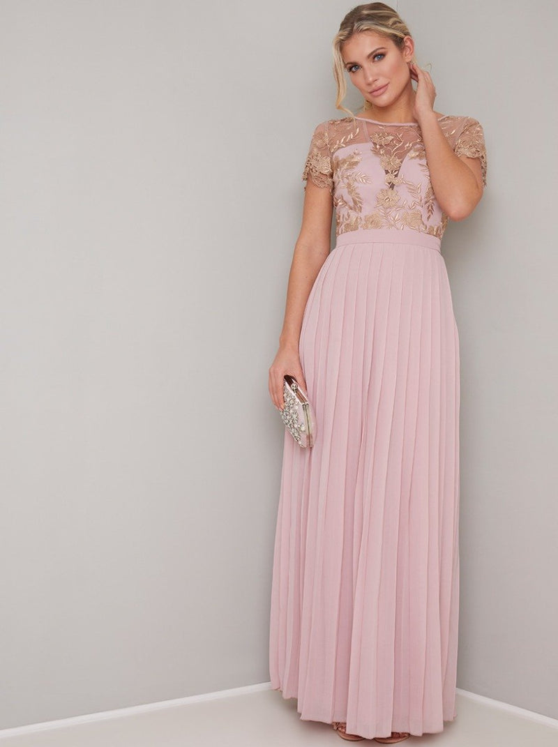 Lace Embroidered Short Sleeved Pleat Maxi Dress in Pink