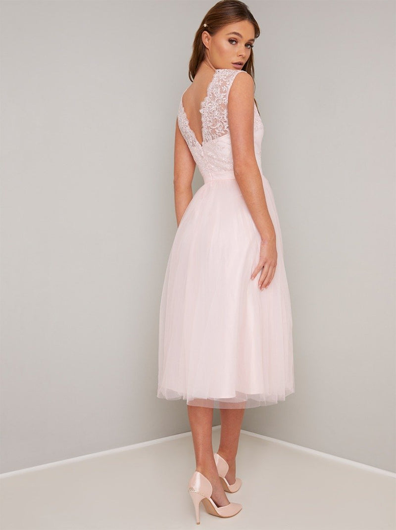 Lace Bodice Sleeveless Tulle Midi Dress in Pink