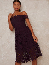 Bardot Lace Crochet Midi Dress in Berry