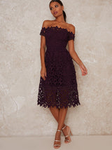 Bardot Lace Crochet Midi Dress in Berry