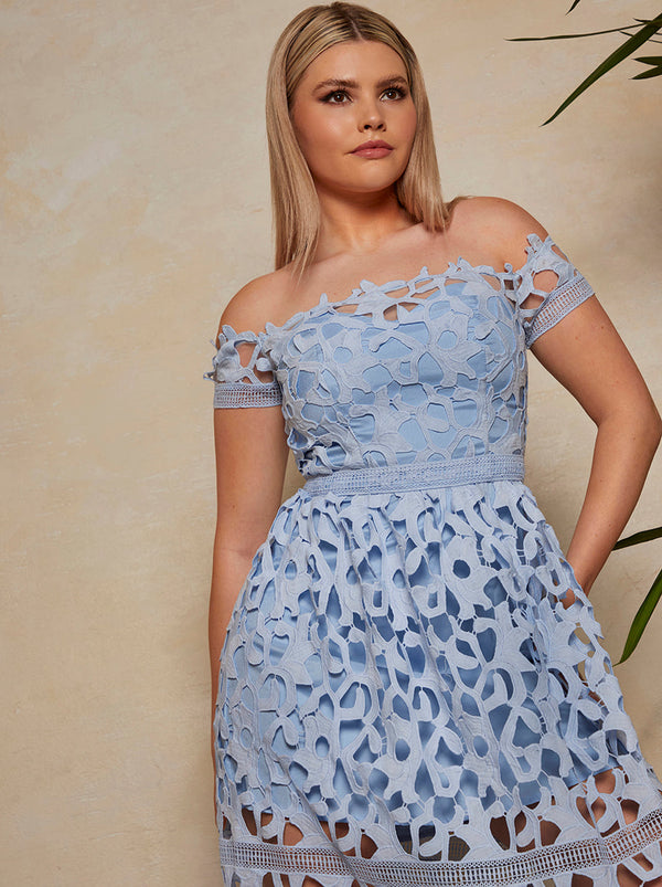 Bardot Lace Midi Crochet Dress in Blue