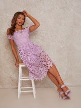 Bardot Crochet Midi Dress in Lilac