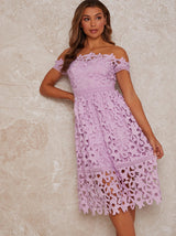 Bardot Crochet Midi Dress in Lilac