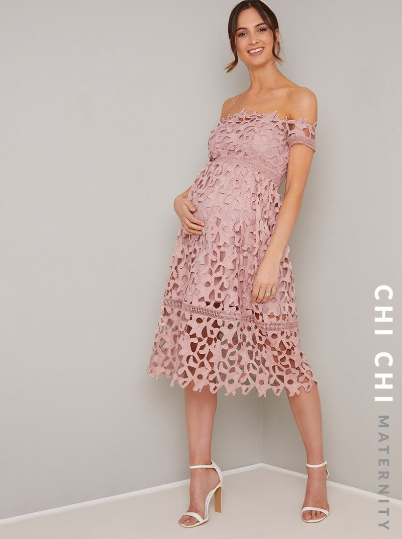 Maternity Bardot Crochet Midi Dress in Pink