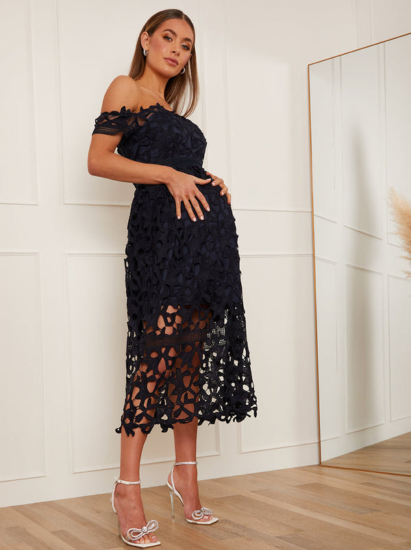 Maternity Bardot Lace Midi Crochet Dress in Navy Blue