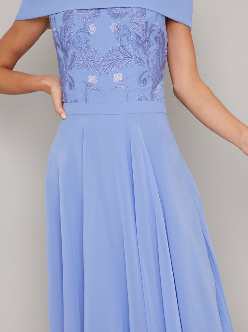 Emboridered Chiffon Skirt Midi Dress in Blue