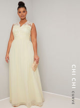 Plus Size Lace Bodice Chiffon Maxi Dress in Yellow