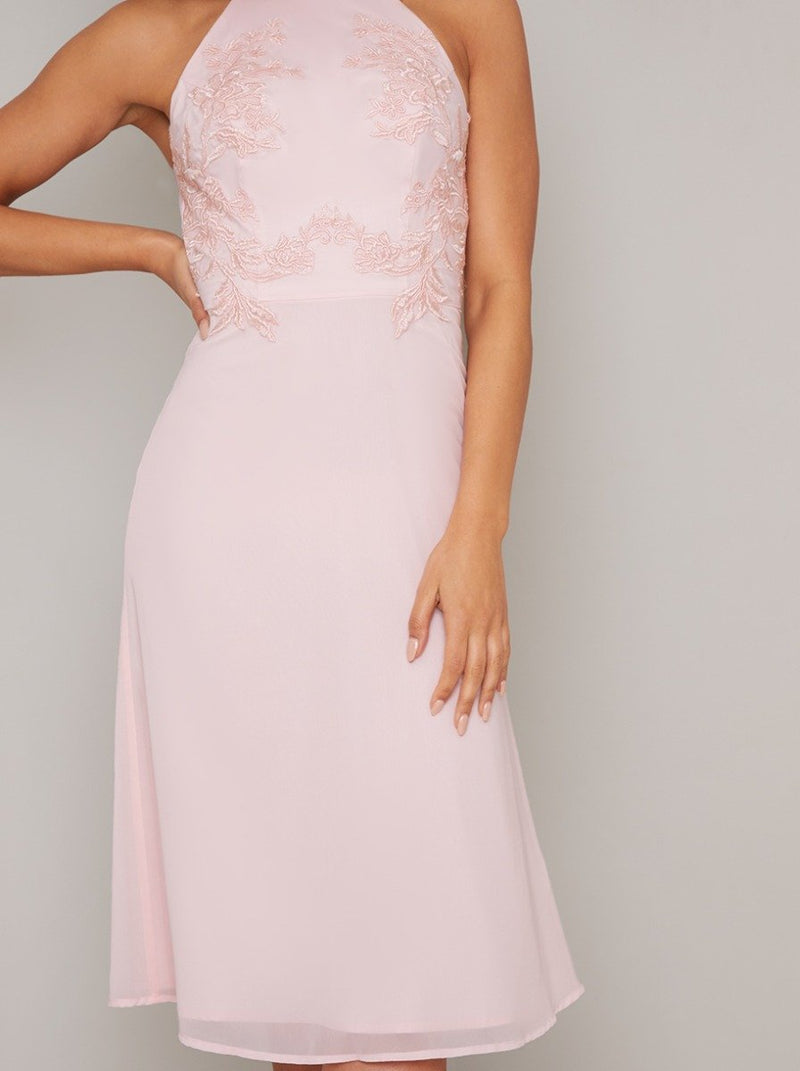 Embroidered High Neck Bodice Midi Dress in Pink