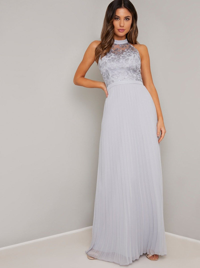High Neck Embroidered Bodice Maxi Dress in Blue