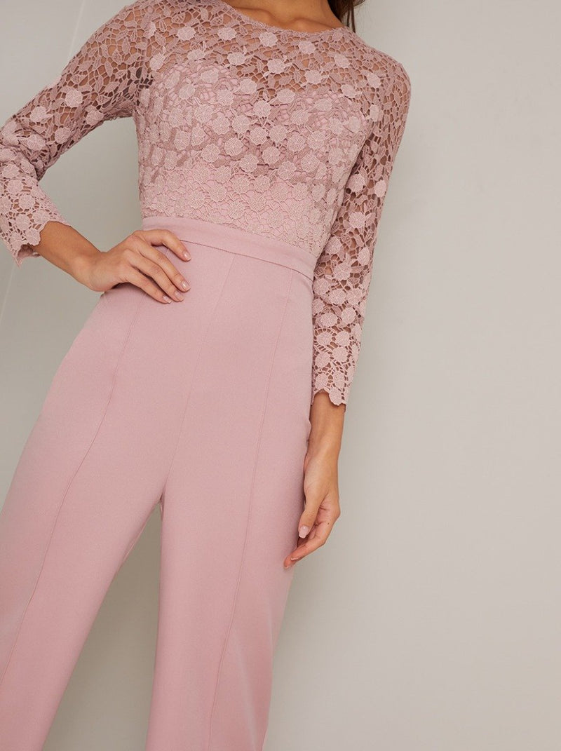 Long Sleeved Lace Bodice Wide Leg Jumpsuit in Pink