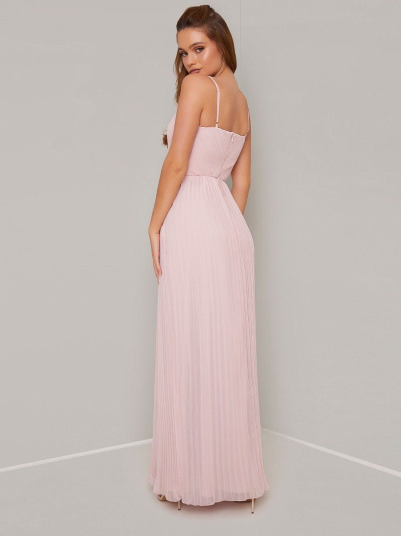 Wrap Bodice Pleat Maxi Dress in Pink