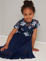 Girls Embroidered Floral Midi Dress in Navy