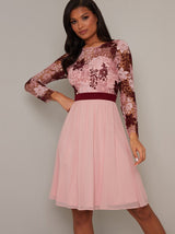 Lace Crochet Bodice Midi Dress in Pink