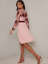 Lace Crochet Bodice Midi Dress in Pink